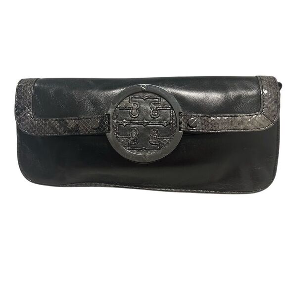 Tory Burch Women's Black Leather Clutch with Snakeskin Trim - Picture 1 of 16
